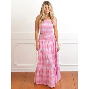8 Oak Lane Pucker Pink Smocked Gingham Tie-Strap Skirt Set Size L